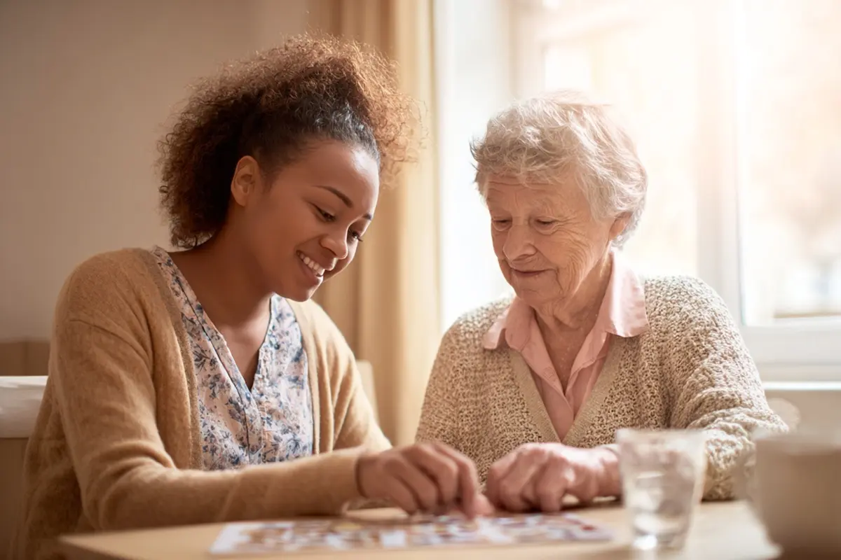 A team member sitting with a resident over a puzzle at a sunny table