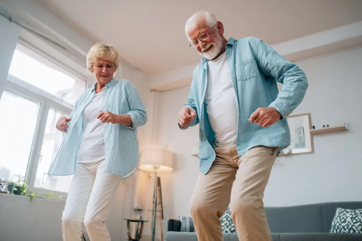 An older couple dancing together