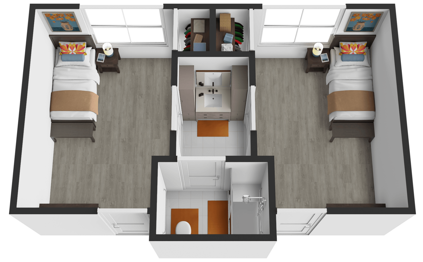 Floor plan of the memory care shared suite, with a Jack and Jill bathroom