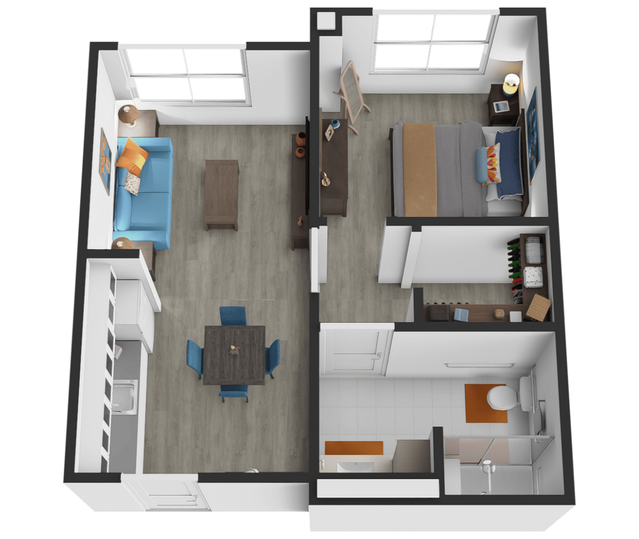 Floor plan of the assisted living one bedroom apartment