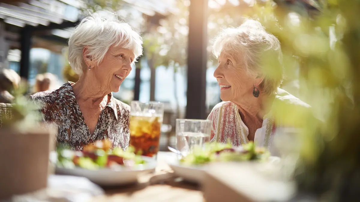 Two older women talking over lunch at an outdoor table