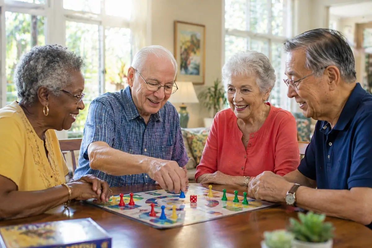 Four residents playing a board game together at a table